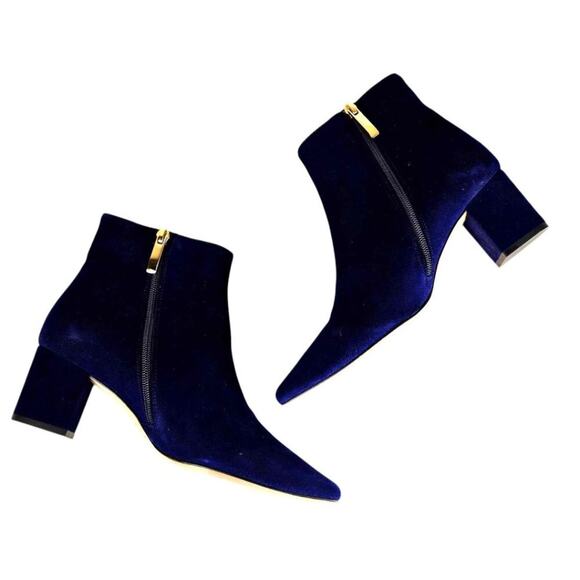 L’AGENCE Jeanne Blue Suede Pointy Toes Block Heel Booties $445 Size 38.5 - Picture 5 of 9